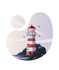 lighthouse with rocks in the middle of the sea with birds in a flat style on an abstract background