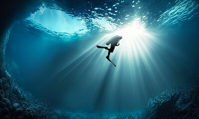 Scuba diving under deep blue sea. Diver swim undersea cave with sunray. 3D illustration.  