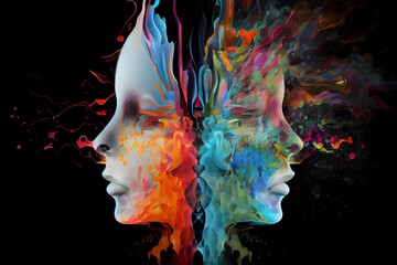 Abstract Face Dissolving In Colors. Can Be Positive Or Negative For Mental Health Or Spiritual Energy Illustration. Generative AI