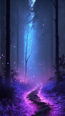Fototapeta na wymiar Mystery pathway background leading to dark forest. 16:9 phone wallpaper. Illustration image.