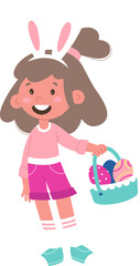 Happy child and basket with easter egg flat icon
