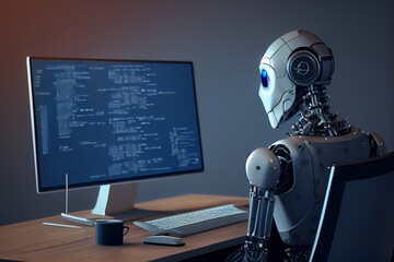 Ai Chatbot Robot Sitting At Desk Using Computer As Artificial Intelligence And Machine Learning Concept. Generative AI