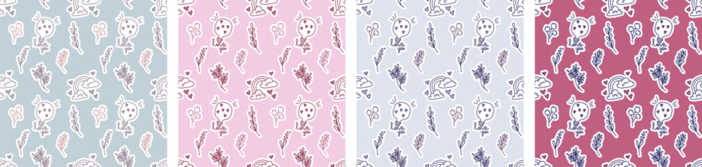 Simple seamless pattern with cartoon rainbow, clouds, leaves and letters . Cute doodle print. Vector hand drawn illustration