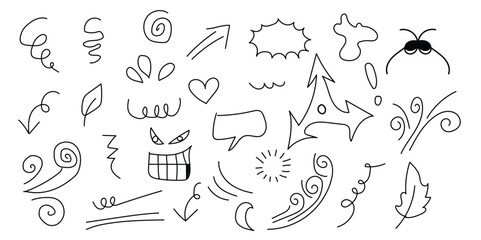 Fototapeta premium Vector set of hand-drawn cute cartoony expression sign doodle line stroke. movement drawing, curve directional arrows, emoticon effects design elements, cartoon character emotion symbols,