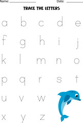 Obraz premium Learning alphabet. Tracing letters. Cute blue dolphin.