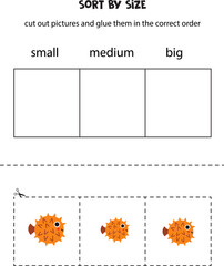 Sort cute puffer fish by size. Educational worksheet for kids.