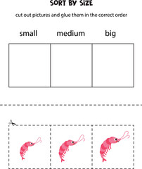Sort cute shrimp by size. Educational worksheet for kids.