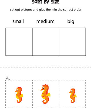 Sort cute seahorse by size. Educational worksheet for kids.