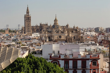 Fototapeta premium Aerial view of Sevilla from Las Setas De Sevilla (Sevilla Mushrooms) center on sunny day, Andalusia, Spain