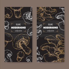 Two labels with Agaricus bisporus aka common mushroom and Pleurotus ostreatus aka oyster mushroom sketch on black. - 575971575