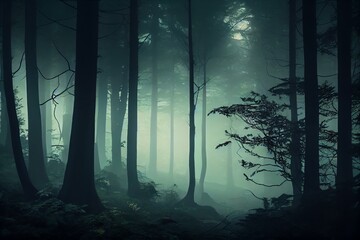 Foggy Forest Scene In Darken Colors Technology. Generative AI
