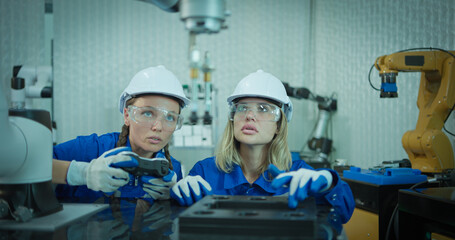 Two Females engineers using tablet Working control robot arm for check and test process automation movement working in workshop.