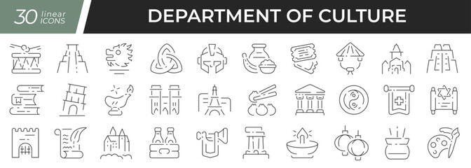 Culture department linear icons set. Collection of 30 icons in black