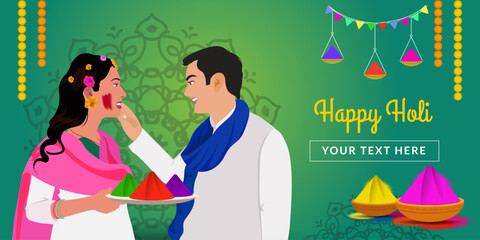 Beautiful happy couple playing Holi with colors. Happy Holi social media template with text space.