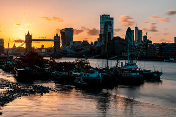 Tower bridge and London skyline view at sunset