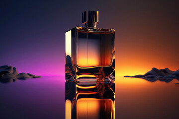 Perfumery. Minimal composition with perfume bottle on the water. Created with Generative AI technology.