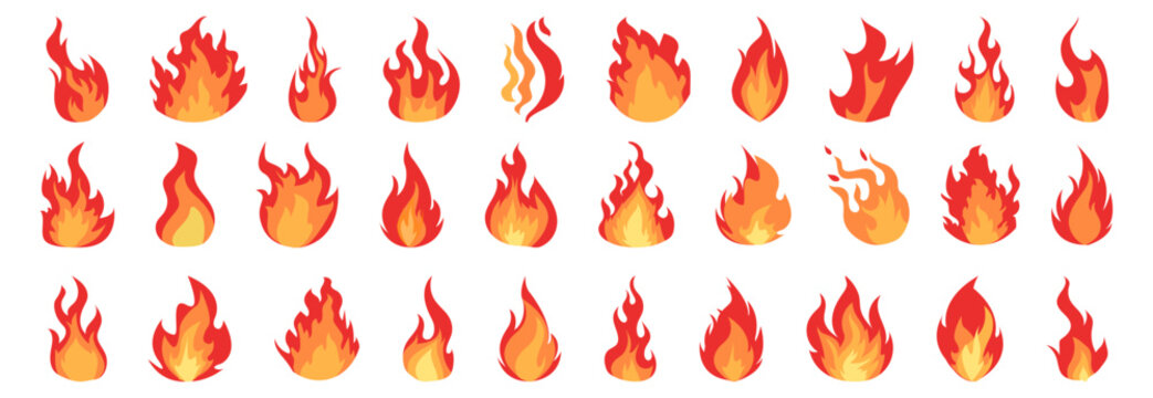 Big set of different fire flames in a flat design