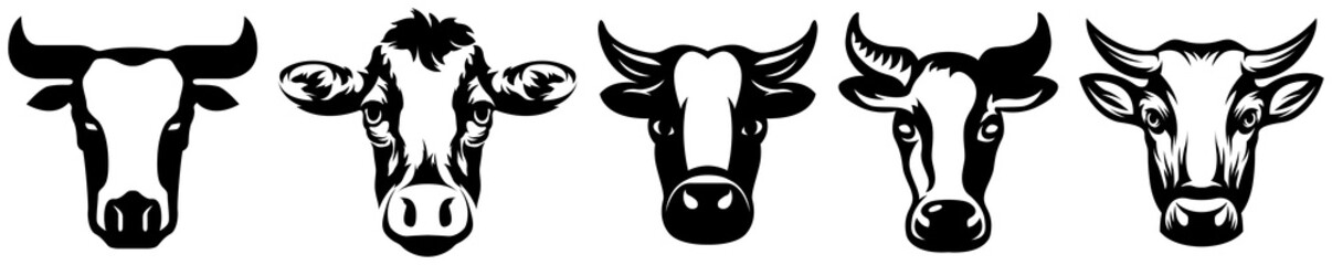 Cow head mascot variant set. Cattle logo. Farm animal illustration.