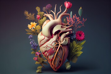 Human Heart With Flowers, Love And Emotion Concept, Good Hearted Person, Help And Charity. Generative AI