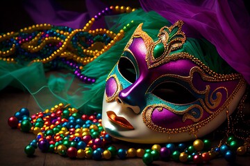 Mardi Gras Party Decor. Carnival Mask And Beads. Generative AI