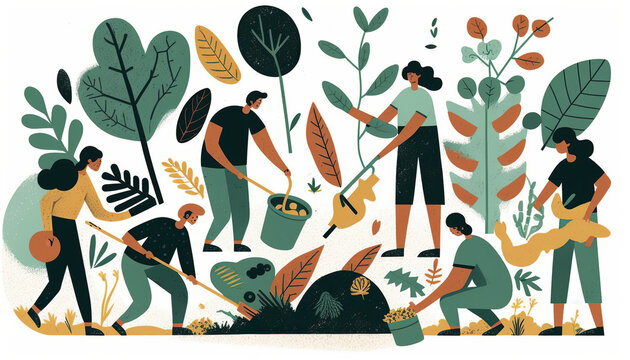 illustration on white background of people taking care of the planet