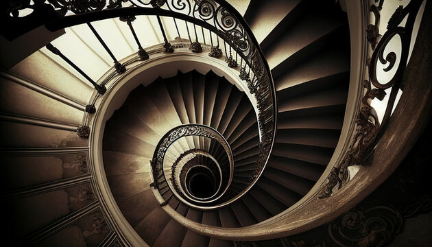 Dark detail spiral staircase, generative ai. 