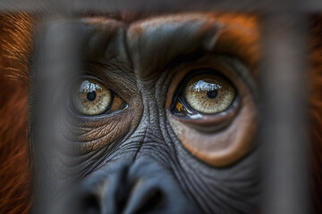 Close-up of an orangutans eyes peering out from behind bars in a zoo. Sense sadness or discomfort, highlighting issue animal captivity need  animal protection. Call to action against  mistreatment ai - obrazy, fototapety, plakaty