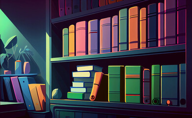 Bookshelves with multicolored books. AI generated. Illustration in flat style.