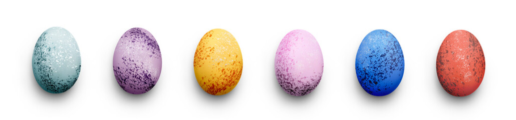 A collection of traditional Easter eggs painted in pastel speckled colours isolated against a...