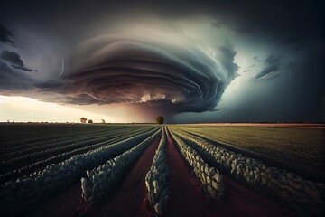 Supercell Storm With Tornado And Lightning Over A Crop Field. Generative AI