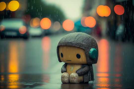A small and sad robot wanders through a rainy and dark street, its car headlights illuminating the scene with a dramatic romanticism. A sad symbol of abandonment and uselessness. Generative AI
