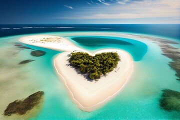 Tropical Heart Shape Desert Island With White Sand Beach And Turquoise Water. Generative AI - obrazy, fototapety, plakaty