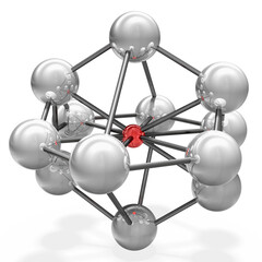 3d Atom, Molekül Gittermodell aus verchromten Stahlkugeln mit Stegen, Verbindungen freigestellt