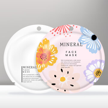Vector Round Shaped Facial Mask Foil Bag Packet with Hand Drawn Floral Print Pattern.