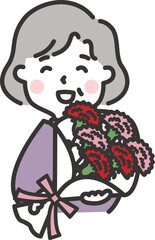 カーネーションの花束を持つ高齢女性　母の日のイラスト