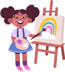 Cute girl with paint palette and brush flat icon Draw on easel