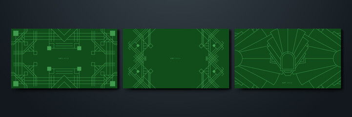 Green Art Deco Line Background. Retro Luxury Vintage Art Minimalist Border Pattern Geometric Line Graphic Design
