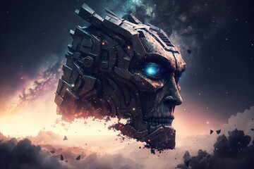 Giant robot head destroyed in the surface of an unknown planet. Generative AI