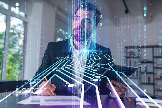 Considered businessman in formal wear signing contract holding tablet device at office room with papers. Concept of successful business deal, agreement, partnership, documents. Technology ai icons.