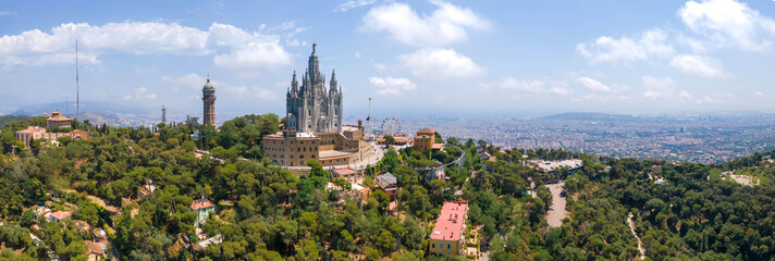 A panoramic bird's eye view of the Temple of the Sacred Heart of Jesus and Tower of the Waters of Two Rivers, Barcelona, Spain