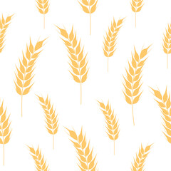 Seamless pattern of golden ripe wheat spikelets. Agricultural symbol, flour production. Vector silhouette of wheat. Illustration on a white background.