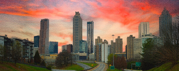 Mosaic pastel-tone artistic cityscape with dramatic red floating clouds, city skyscrapers and buildings in silhouette, American cityscape image