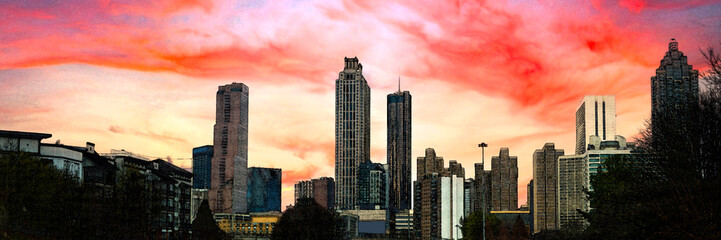 Fototapeta na wymiar High contrast artistic cityscape with dramatic red floating clouds, city skyscrapers and buildings in silhouette, American cityscape image