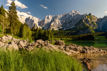 View of Laghi di Fusine (Fusine Lakes) in the Julian Alps, Northern Italy