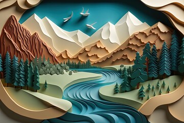 Landscape with mountains, river and pine forest made from paper cutout. Generative AI