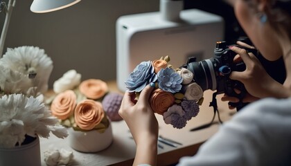 Obraz premium portrait young women of florist make flowers bouquet, Generative AI