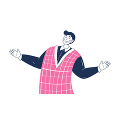 Young male father in a plaid vest spreads his arms, waist-length drawing