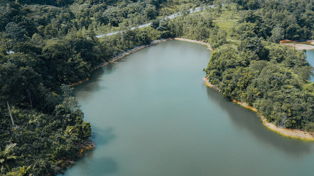 Green lake and rainforest tropical trees in Kuala Kubu Bharu, Malaysia. © ellinnur