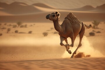 camel running in desert - obrazy, fototapety, plakaty