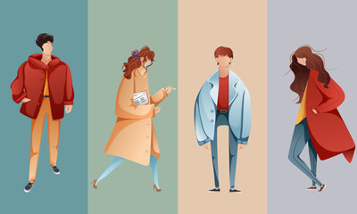 character set of two guys and two girls in flat style